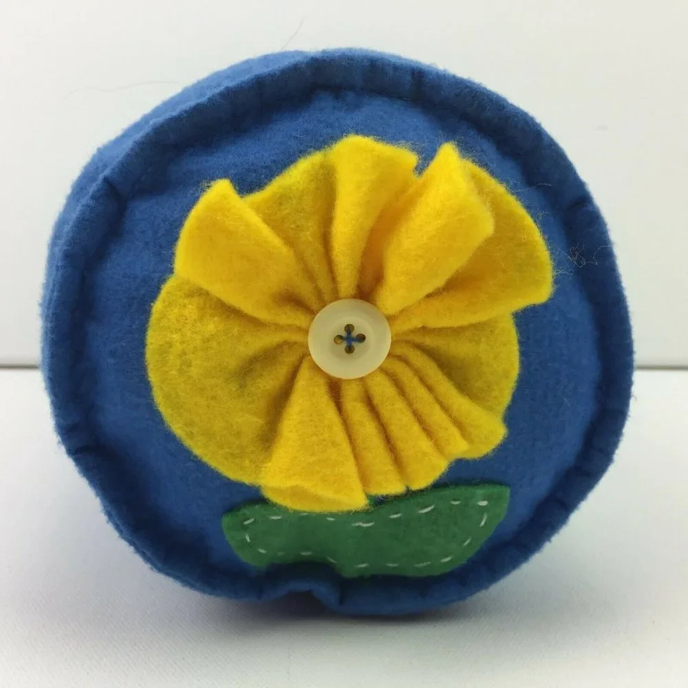 Home Decor Blue Felt Bolster Pillow Floral Red Pink Yellow Flowers Buttons